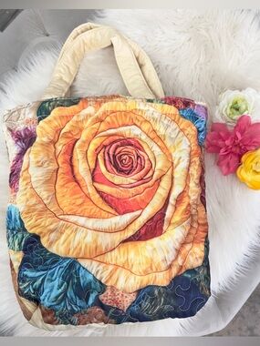 Quilted Tote With Floral Rose Print NEW!